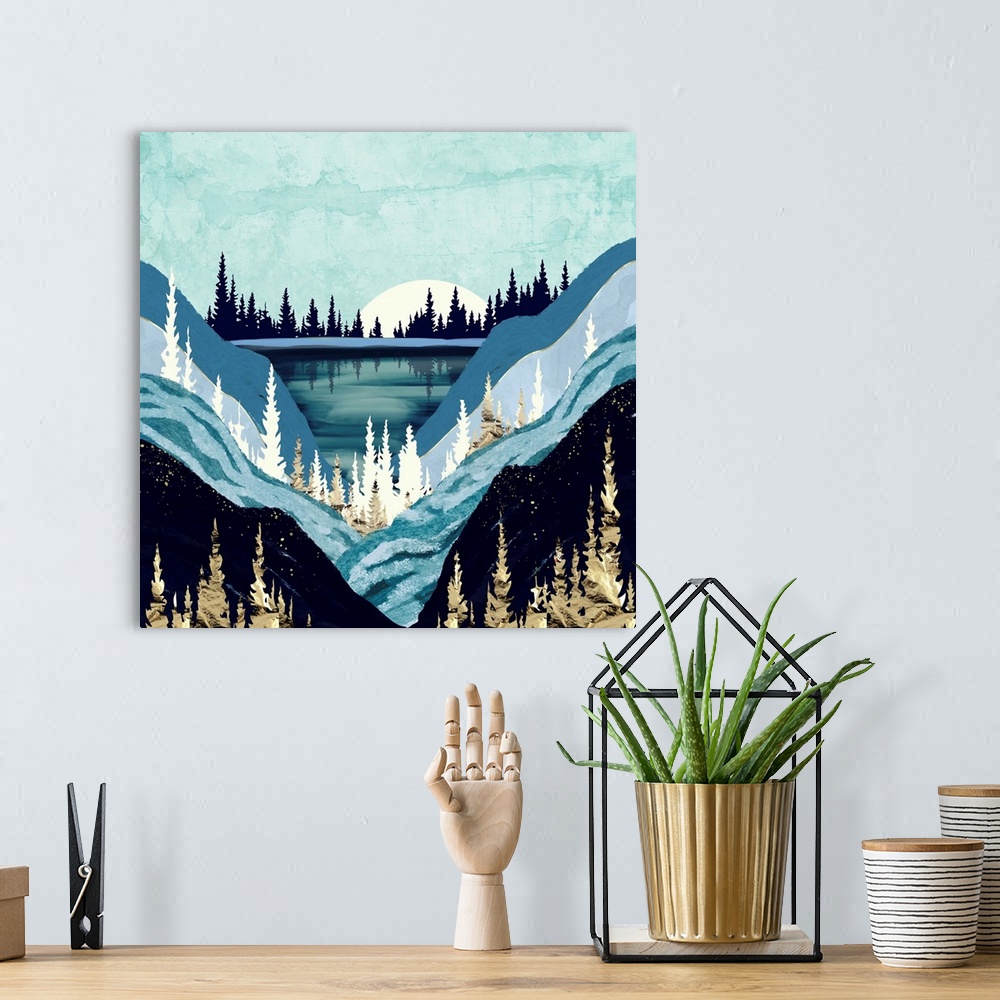 A bohemian room featuring Abstract landscape of a blue forest lake with gold, teal, mountains and indigo.