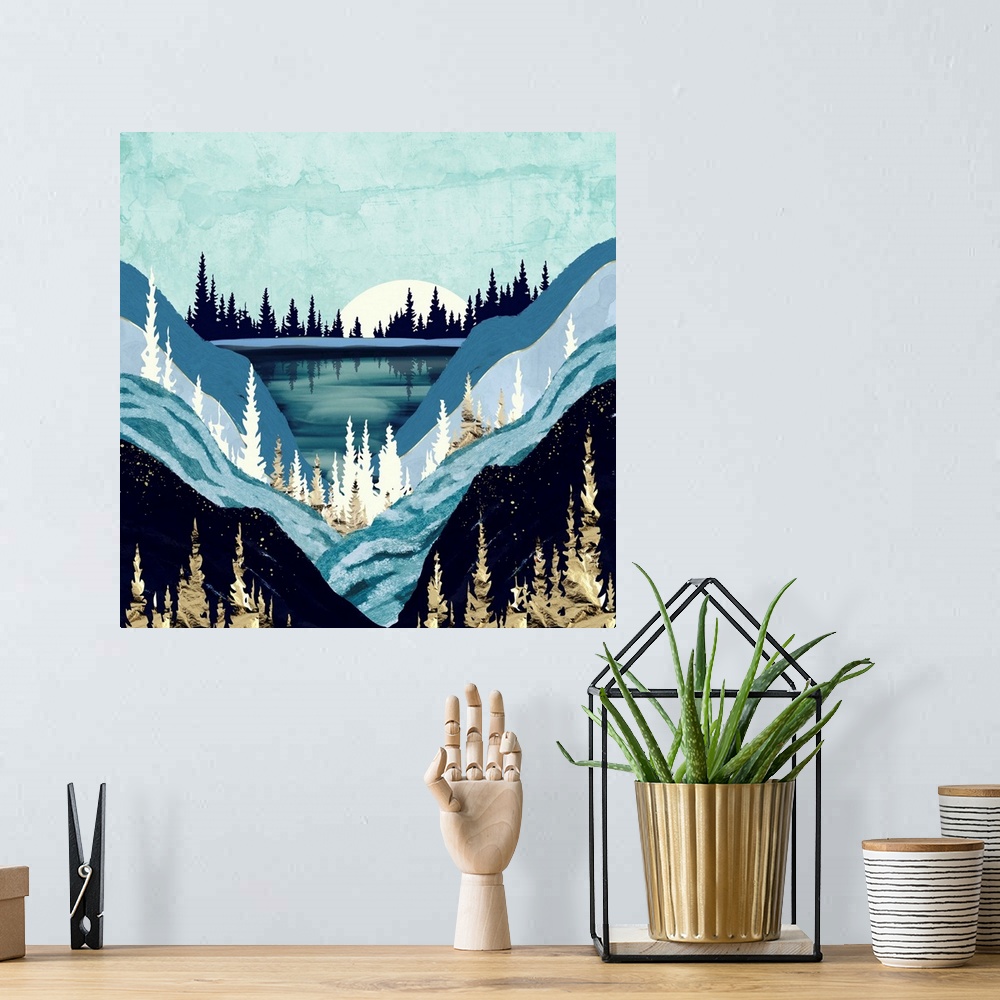 A bohemian room featuring Abstract landscape of a blue forest lake with gold, teal, mountains and indigo.