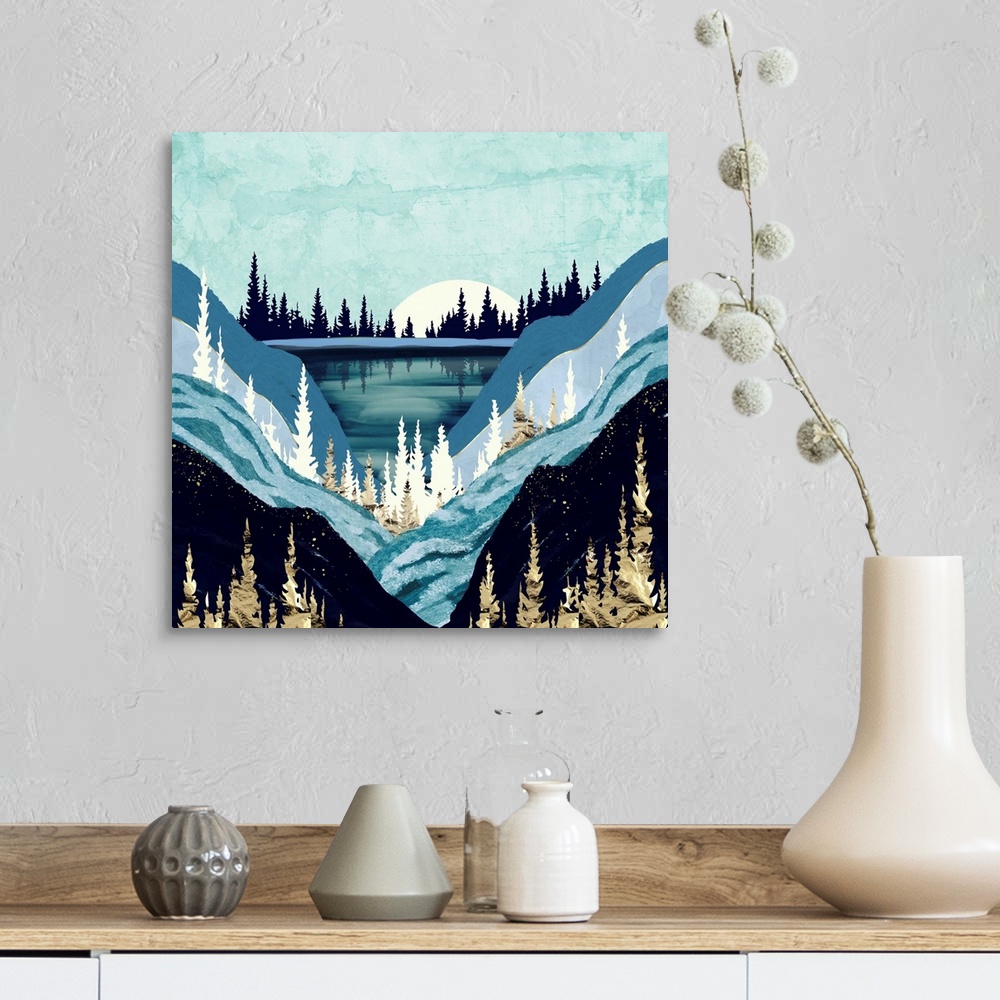 A farmhouse room featuring Abstract landscape of a blue forest lake with gold, teal, mountains and indigo.