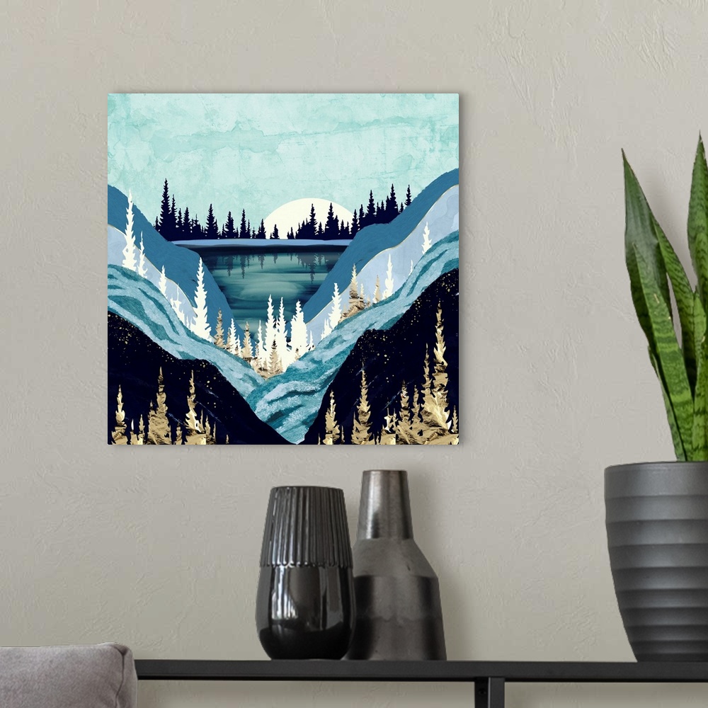 A modern room featuring Abstract landscape of a blue forest lake with gold, teal, mountains and indigo.