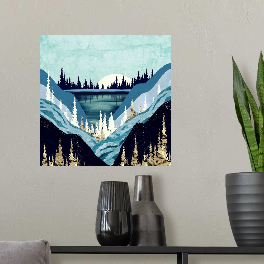 A modern room featuring Abstract landscape of a blue forest lake with gold, teal, mountains and indigo.