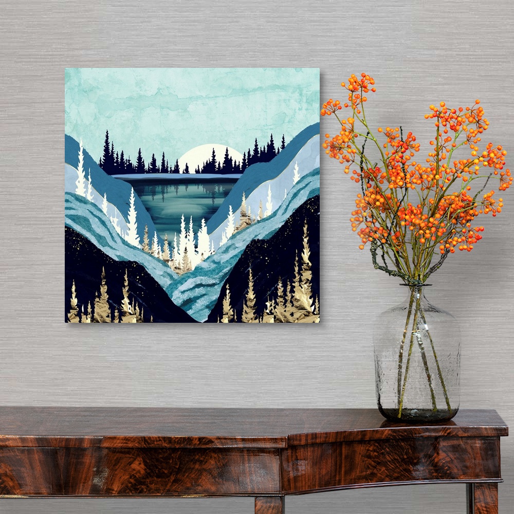 A traditional room featuring Abstract landscape of a blue forest lake with gold, teal, mountains and indigo.