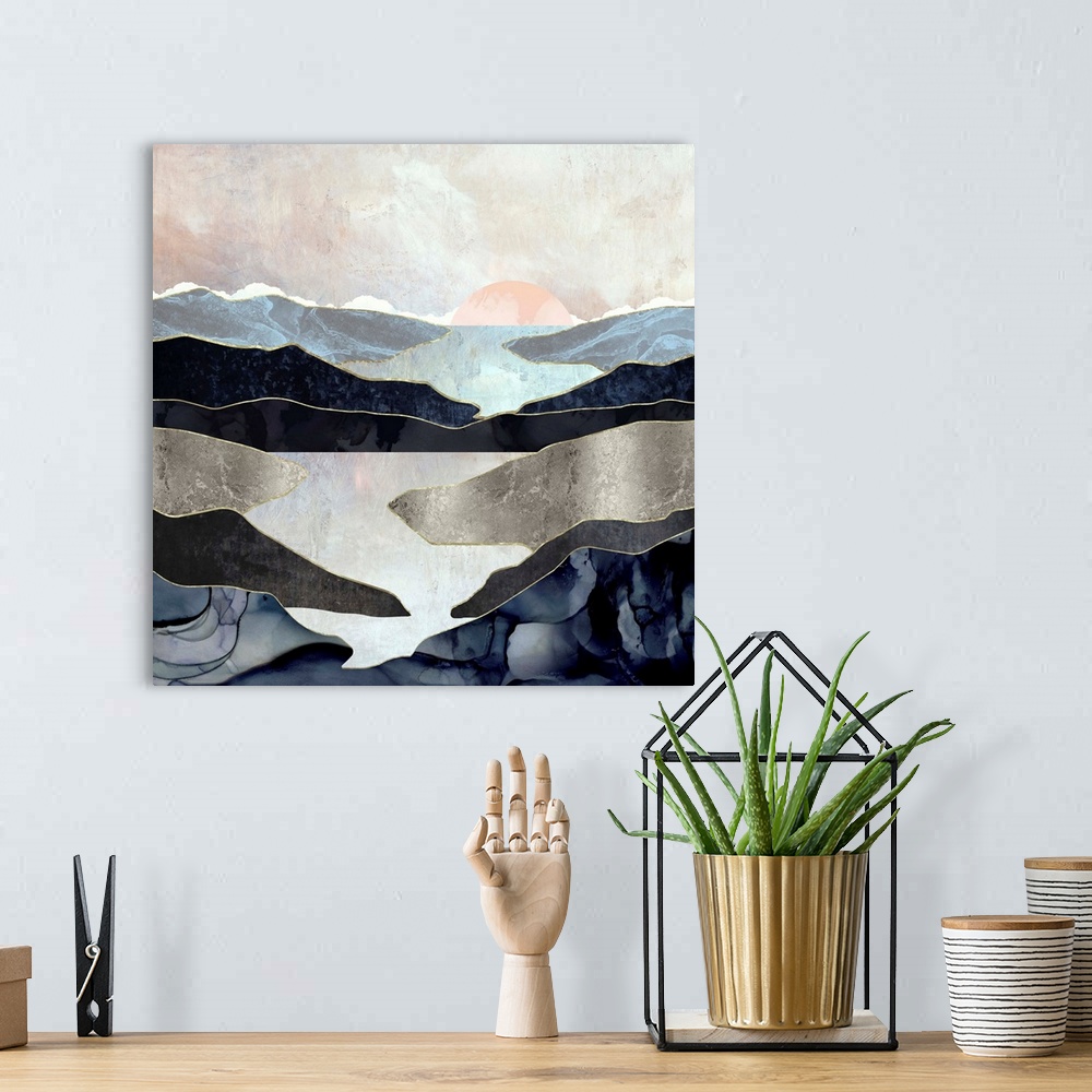 A bohemian room featuring Abstract depiction of a landscape with mountains and lake.