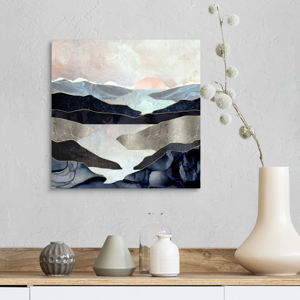 A farmhouse room featuring Abstract depiction of a landscape with mountains and lake.