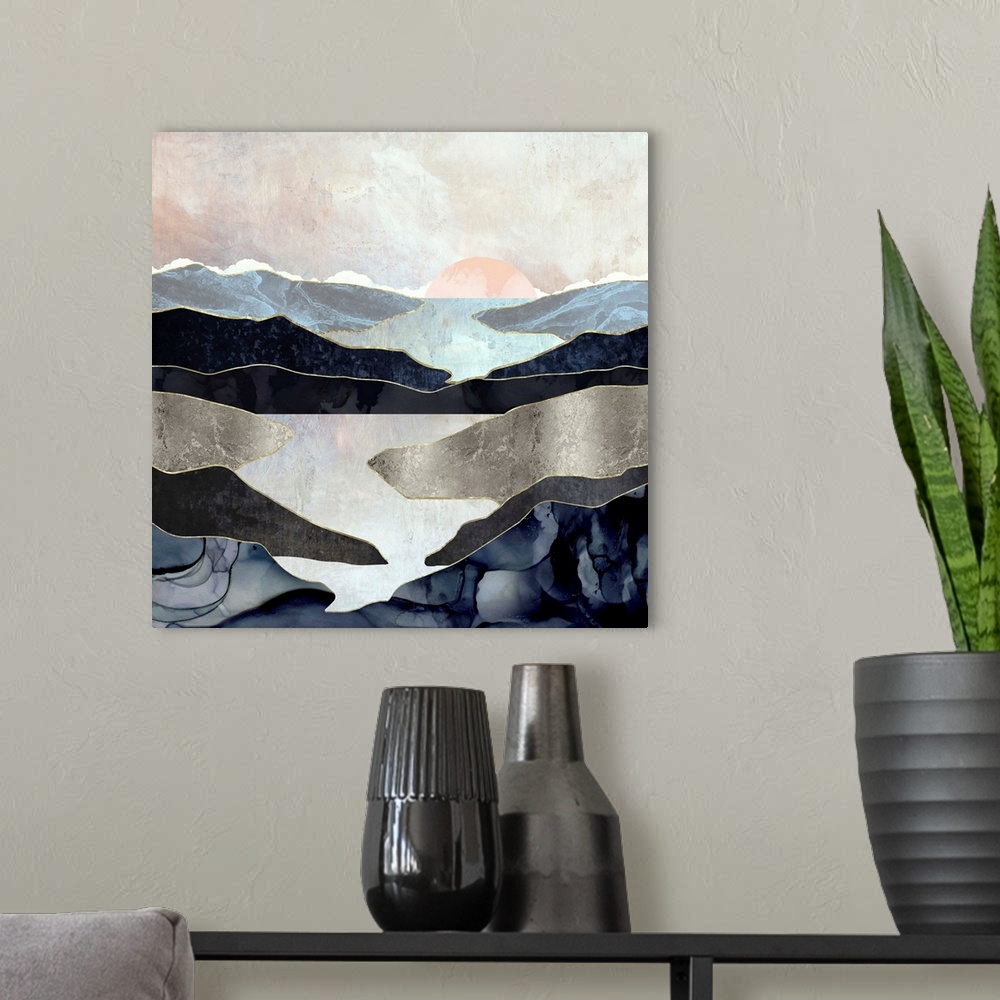 A modern room featuring Abstract depiction of a landscape with mountains and lake.