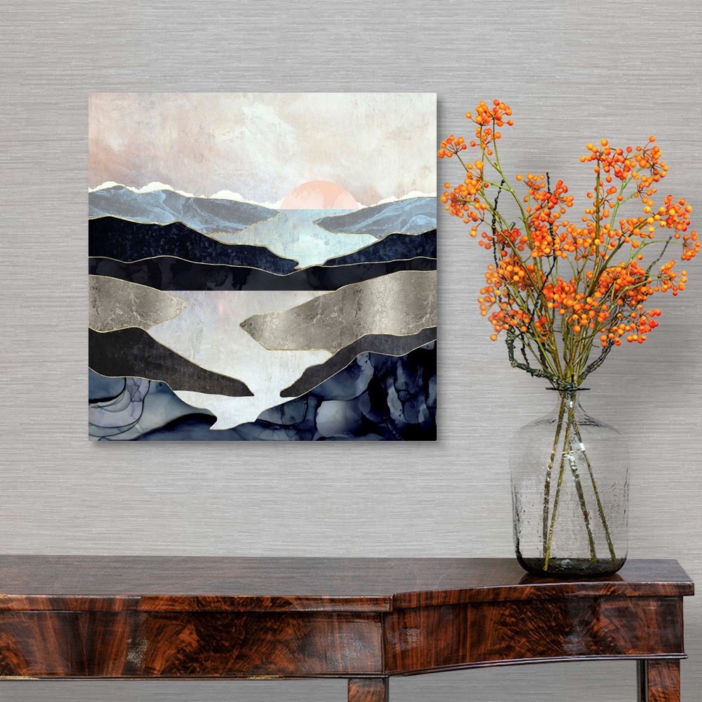A traditional room featuring Abstract depiction of a landscape with mountains and lake.