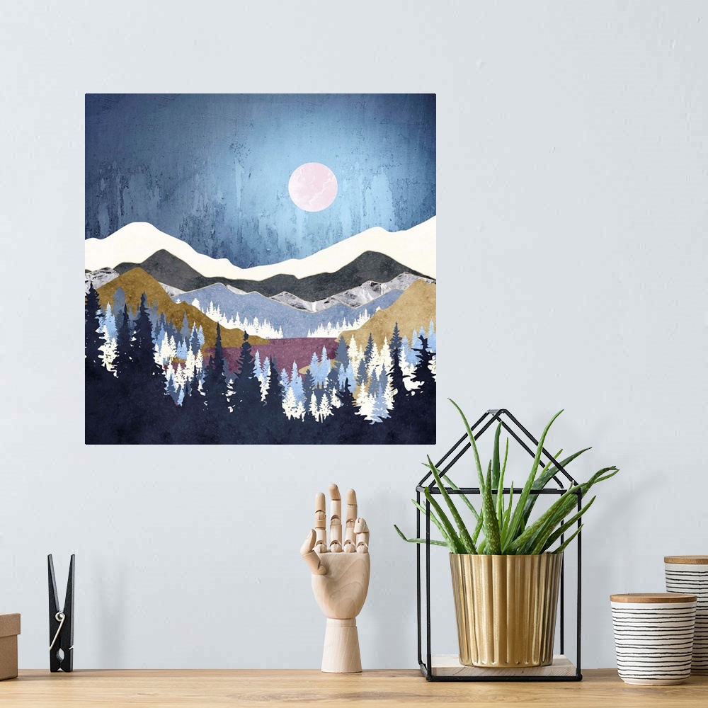 A bohemian room featuring Abstract depiction of a landscape with trees, mountains, gold and blue.