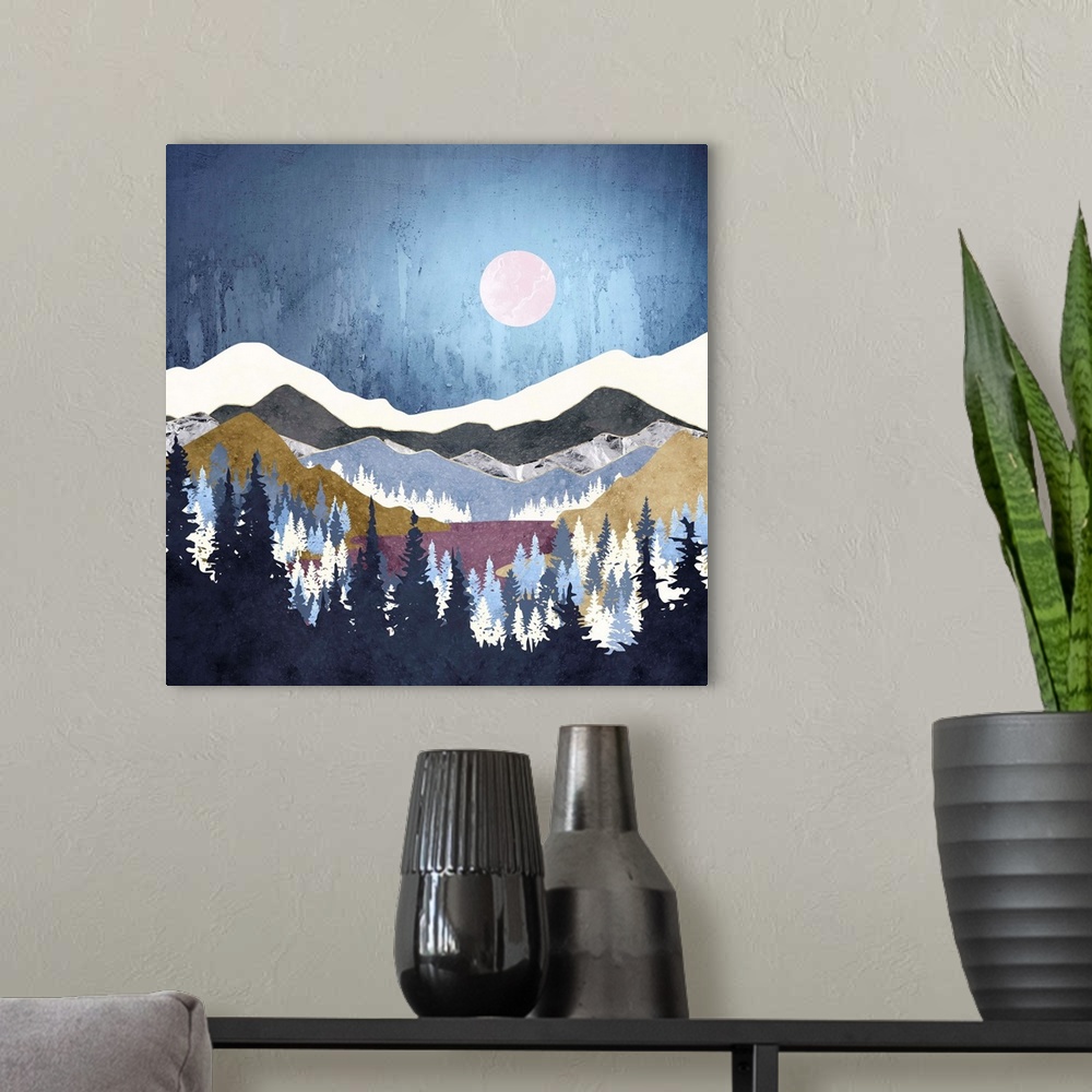 A modern room featuring Abstract depiction of a landscape with trees, mountains, gold and blue.