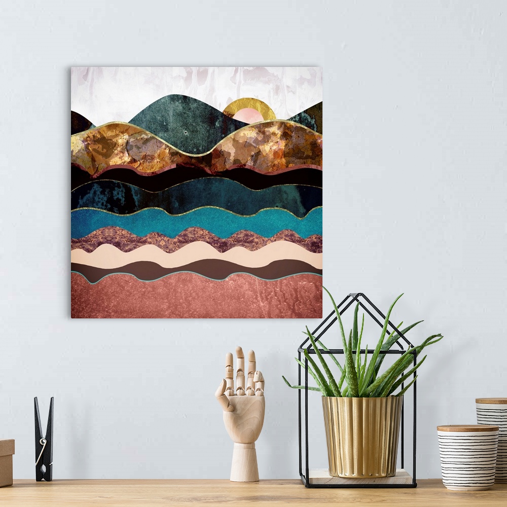 A bohemian room featuring Abstract depiction of a landscape with rolling hills, texture and teal.
