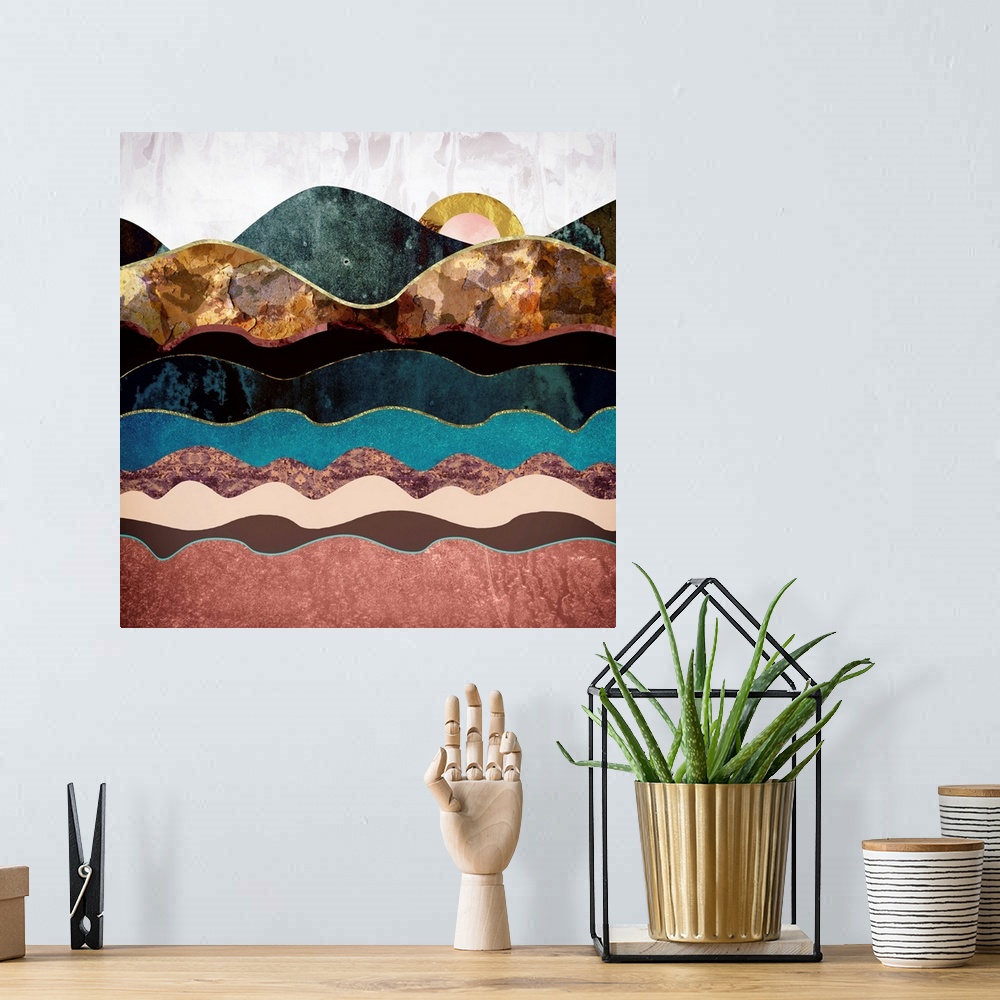 A bohemian room featuring Abstract depiction of a landscape with rolling hills, texture and teal.