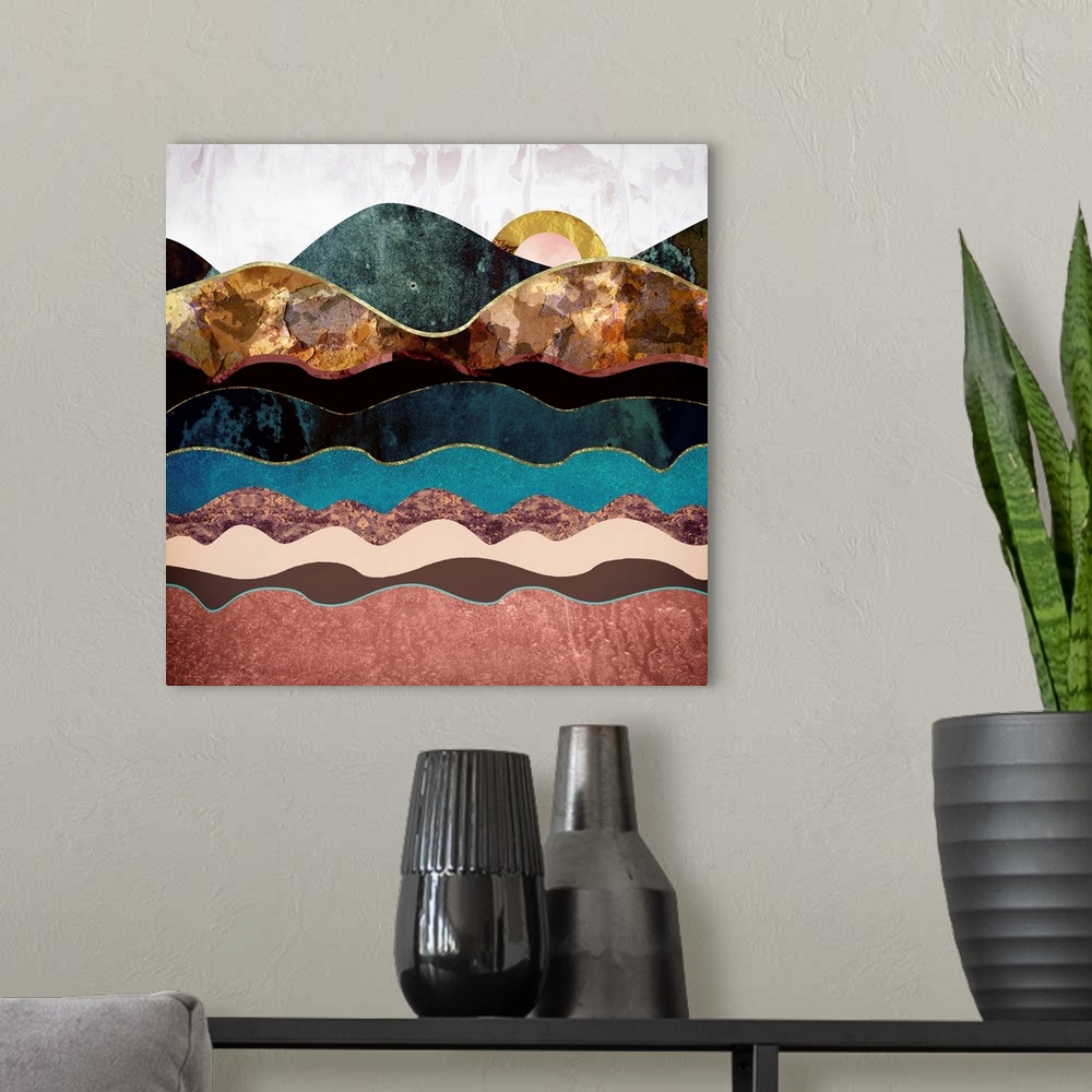 A modern room featuring Abstract depiction of a landscape with rolling hills, texture and teal.
