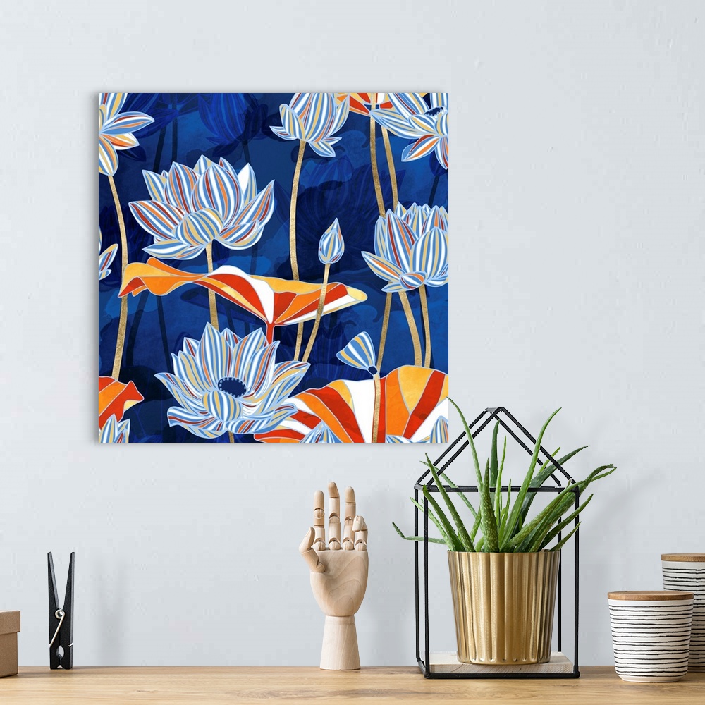 A bohemian room featuring Abstract floral design with blue, cobalt, red, orange, white and gold.