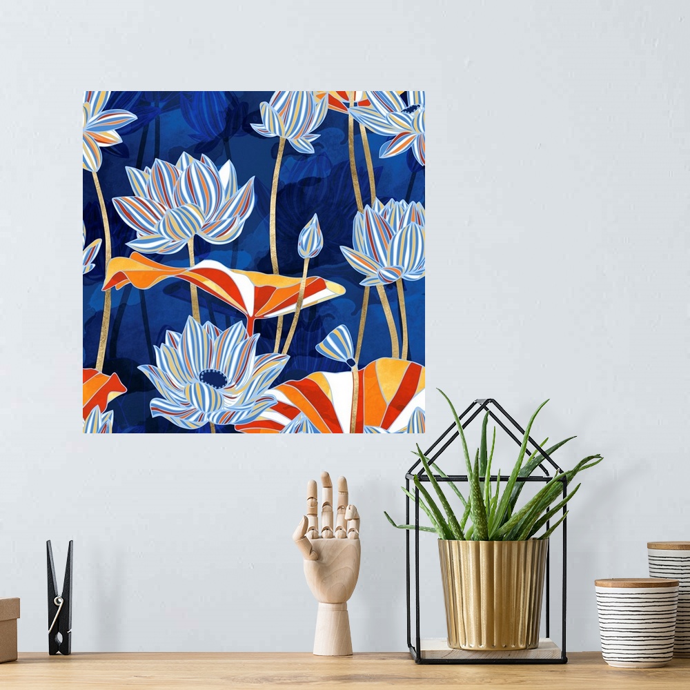 A bohemian room featuring Abstract floral design with blue, cobalt, red, orange, white and gold.