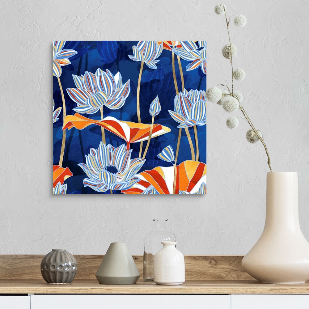 A farmhouse room featuring Abstract floral design with blue, cobalt, red, orange, white and gold.