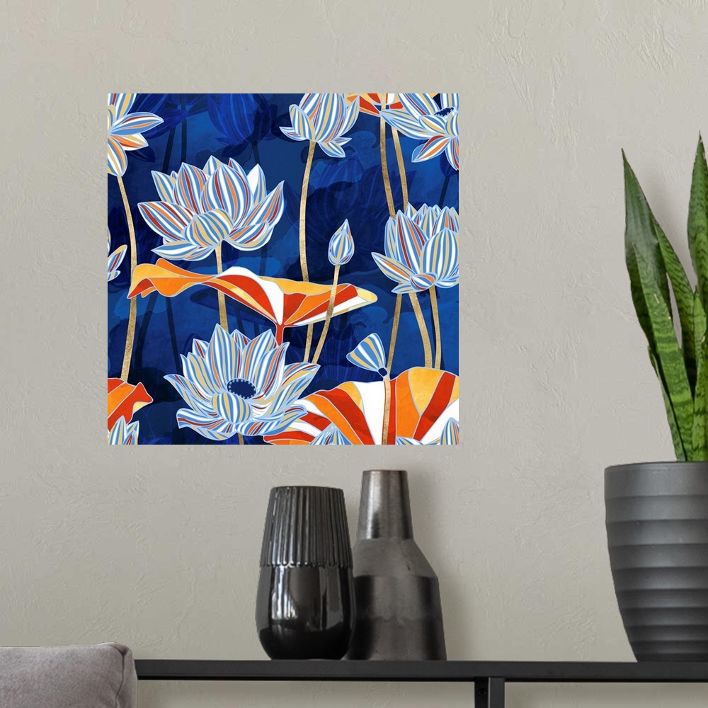 A modern room featuring Abstract floral design with blue, cobalt, red, orange, white and gold.