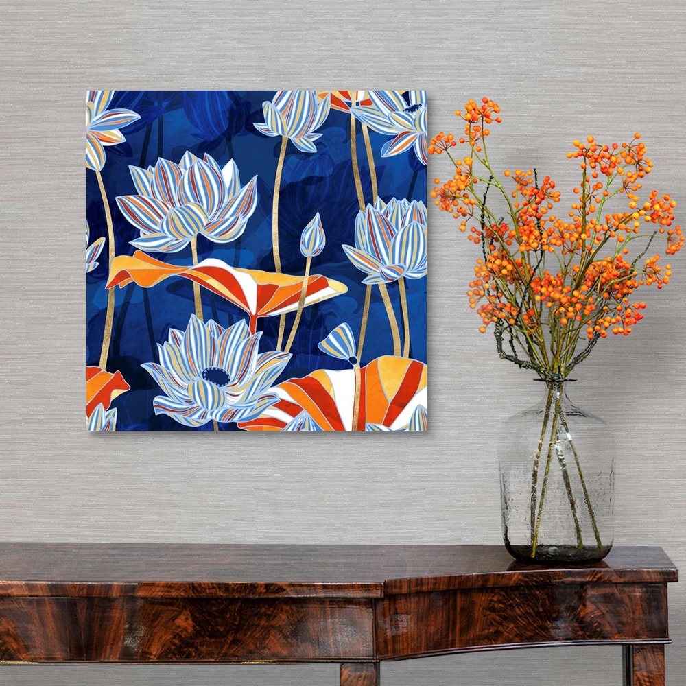 A traditional room featuring Abstract floral design with blue, cobalt, red, orange, white and gold.