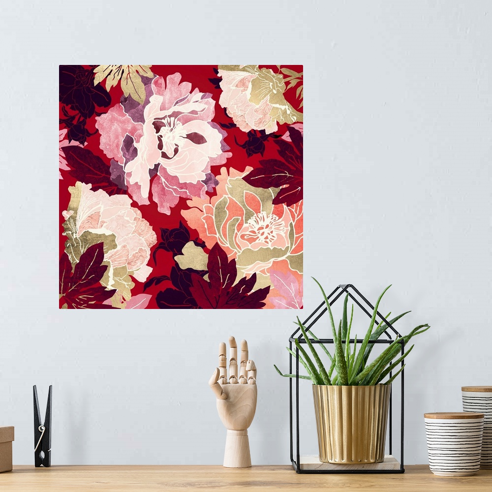 A bohemian room featuring Abstract floral design with crimson, red, pink, gold and leaves.