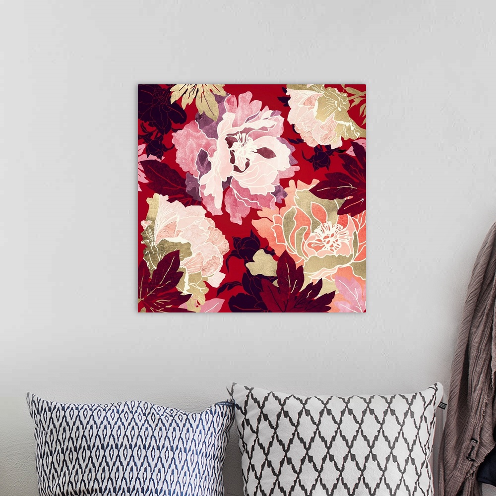 A bohemian room featuring Abstract floral design with crimson, red, pink, gold and leaves.