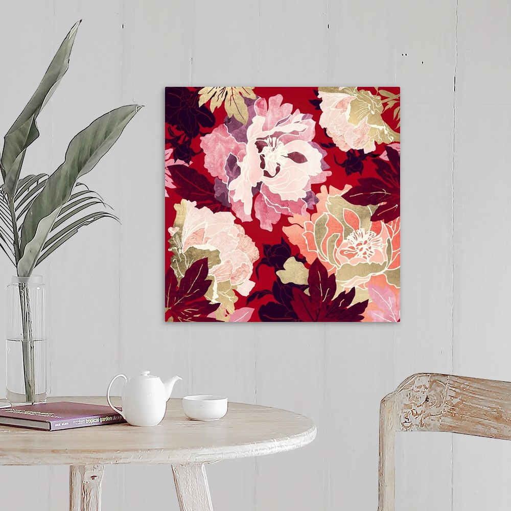 A farmhouse room featuring Abstract floral design with crimson, red, pink, gold and leaves.