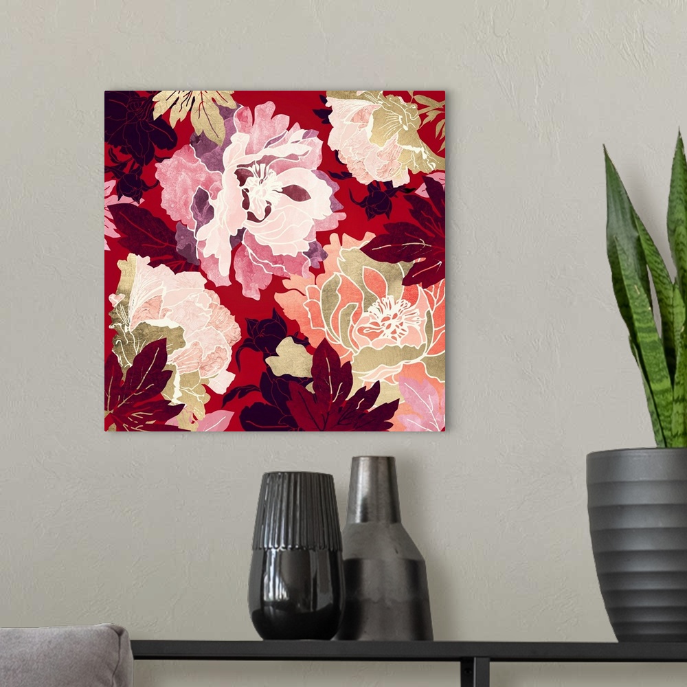 A modern room featuring Abstract floral design with crimson, red, pink, gold and leaves.