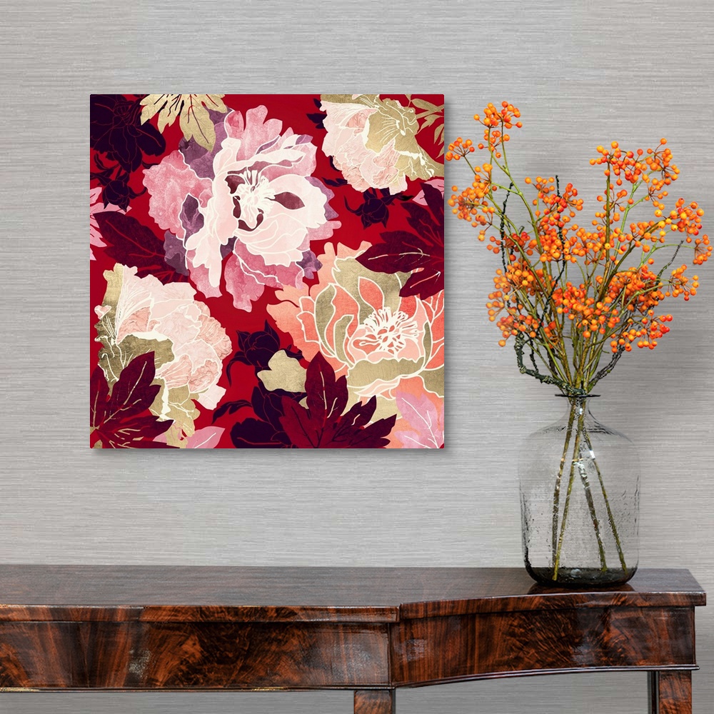 A traditional room featuring Abstract floral design with crimson, red, pink, gold and leaves.
