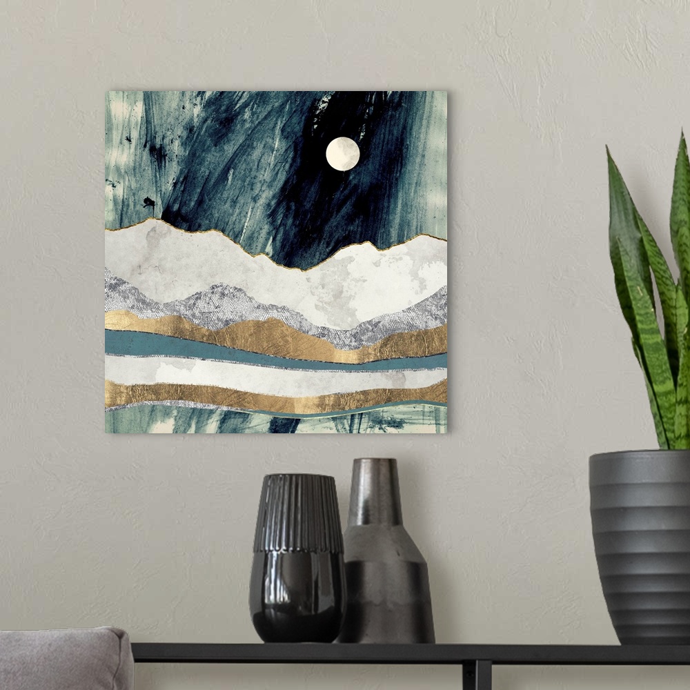 A modern room featuring Abstract depiction of a landscape with mountains, gold, ivory and grey.