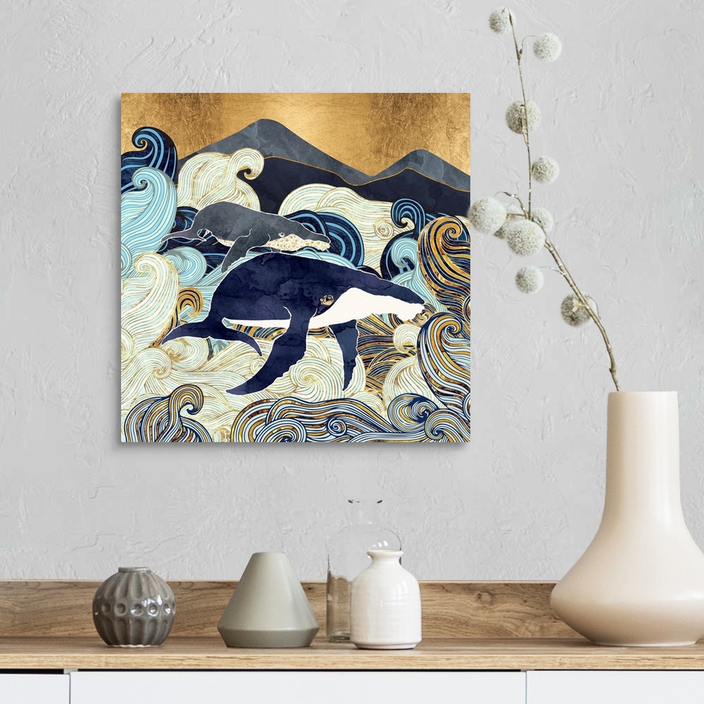 A farmhouse room featuring Abstract depiction of whales, waves, mountains, gold, blue and white.