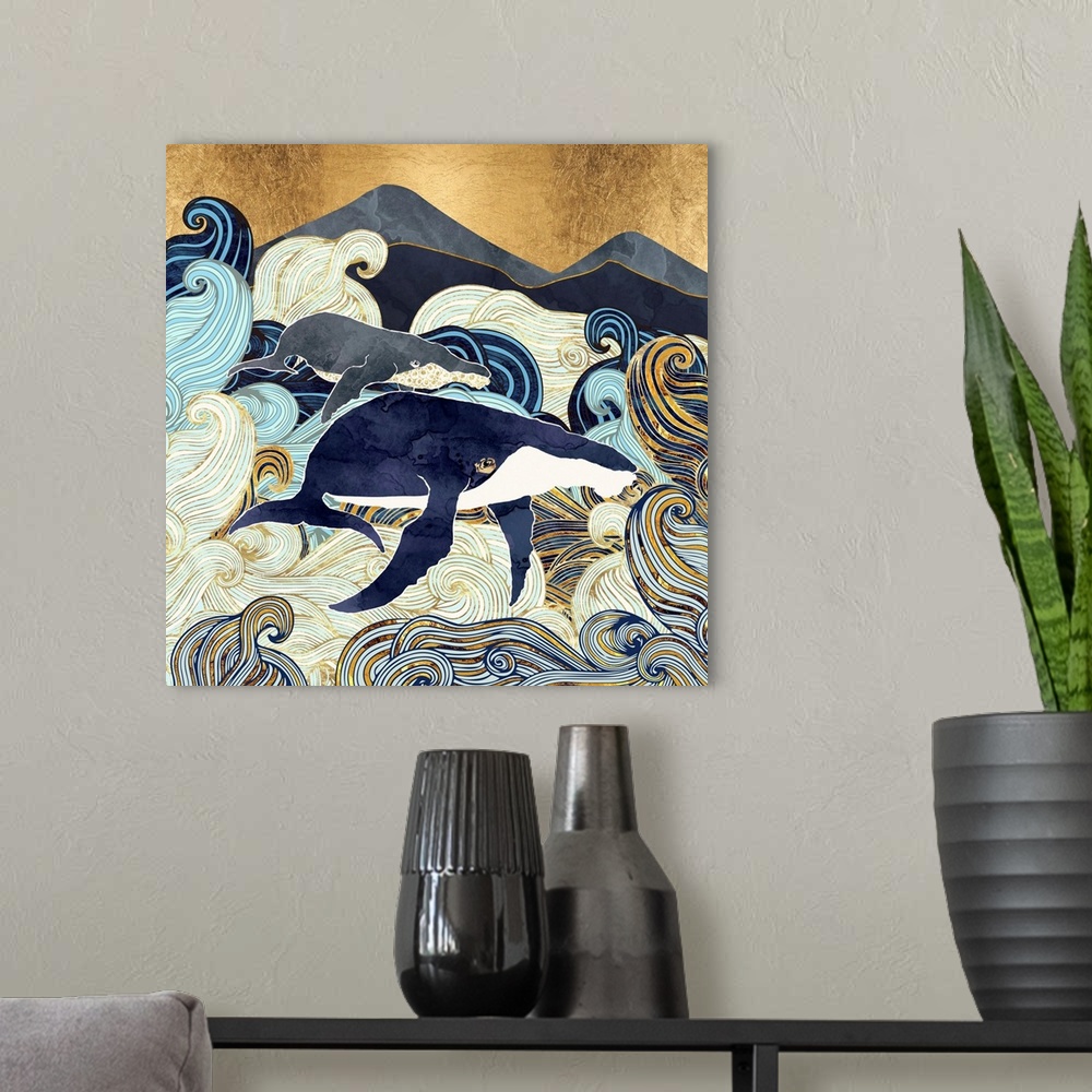 A modern room featuring Abstract depiction of whales, waves, mountains, gold, blue and white.
