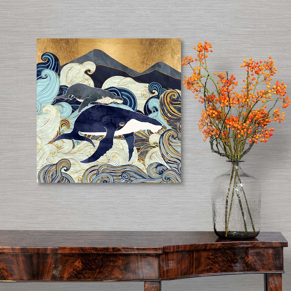 A traditional room featuring Abstract depiction of whales, waves, mountains, gold, blue and white.