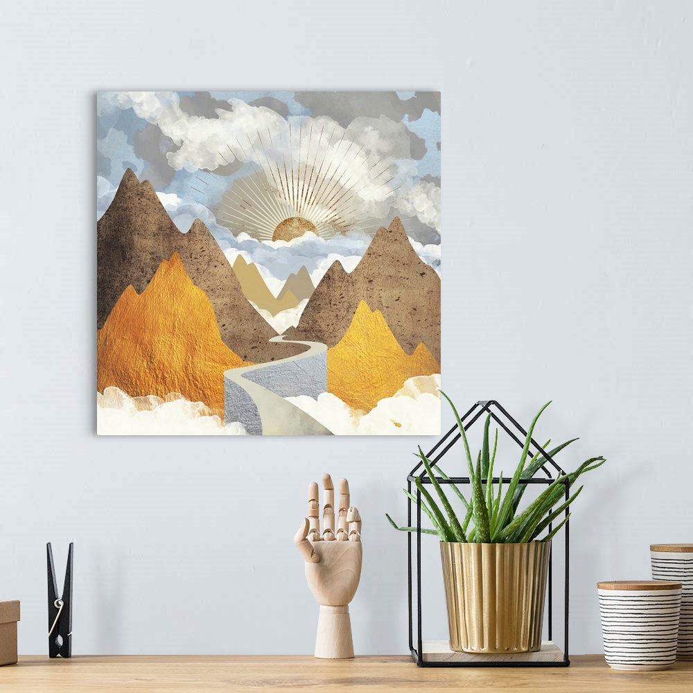 A bohemian room featuring Abstract depiction of a valley vista landscape with mountains and gold.