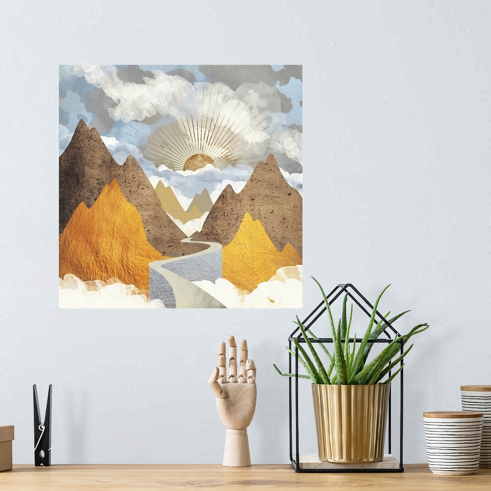 A bohemian room featuring Abstract depiction of a valley vista landscape with mountains and gold.