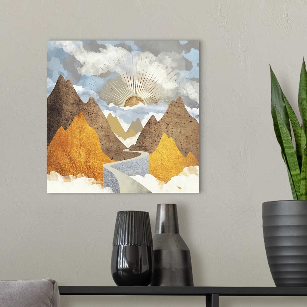 A modern room featuring Abstract depiction of a valley vista landscape with mountains and gold.