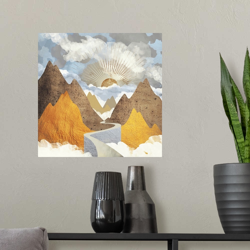A modern room featuring Abstract depiction of a valley vista landscape with mountains and gold.