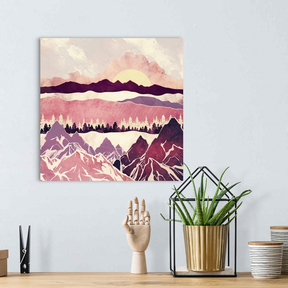 A bohemian room featuring Abstract depiction of a landscape with burgundy hills, magenta and yellow.