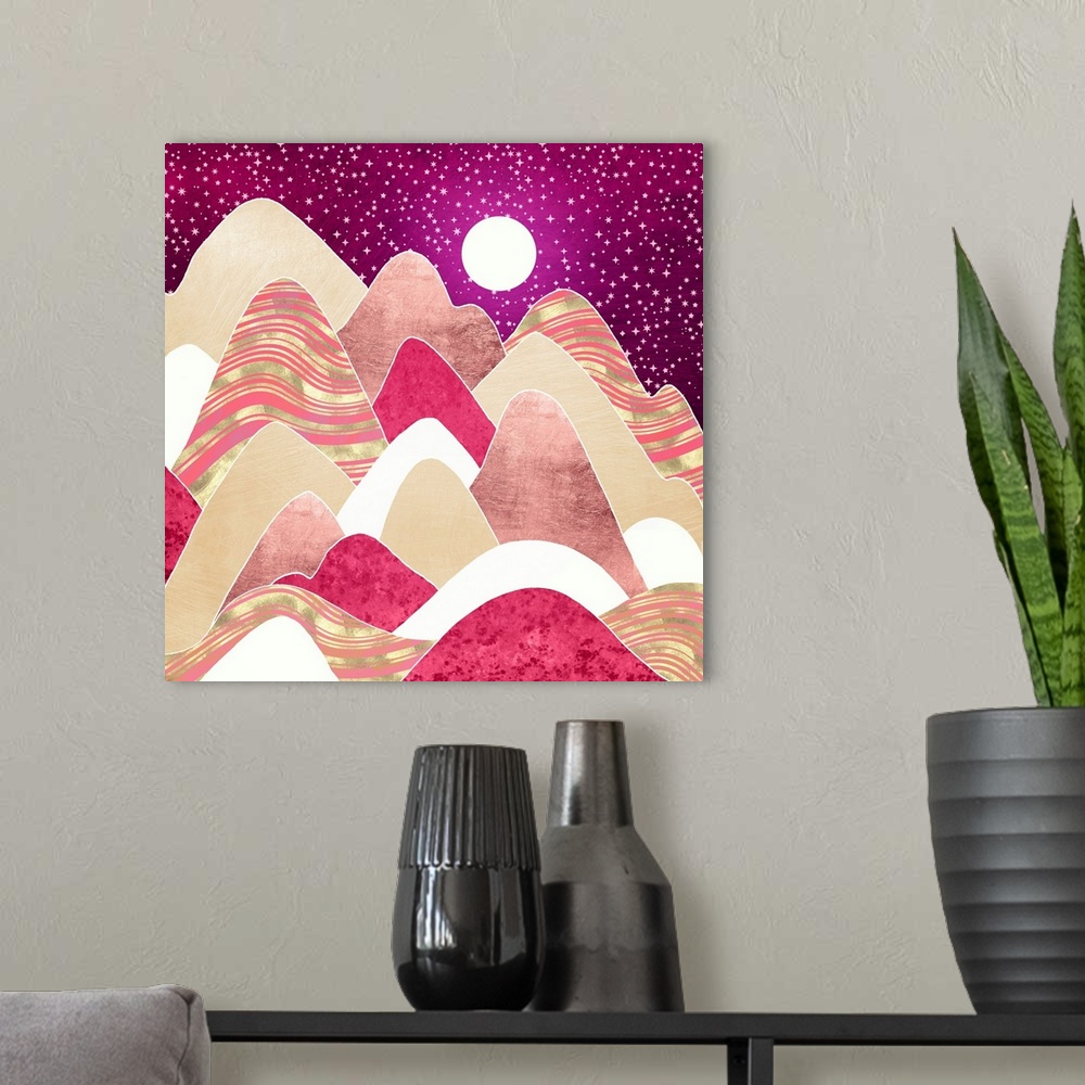 A modern room featuring Abstract depiction of hills with pink, gold, magenta, stars and moon.