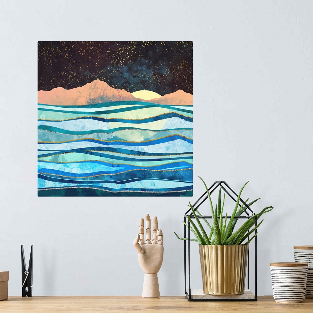 A bohemian room featuring Abstract depiction of a seascape with waves, mountains and stars.