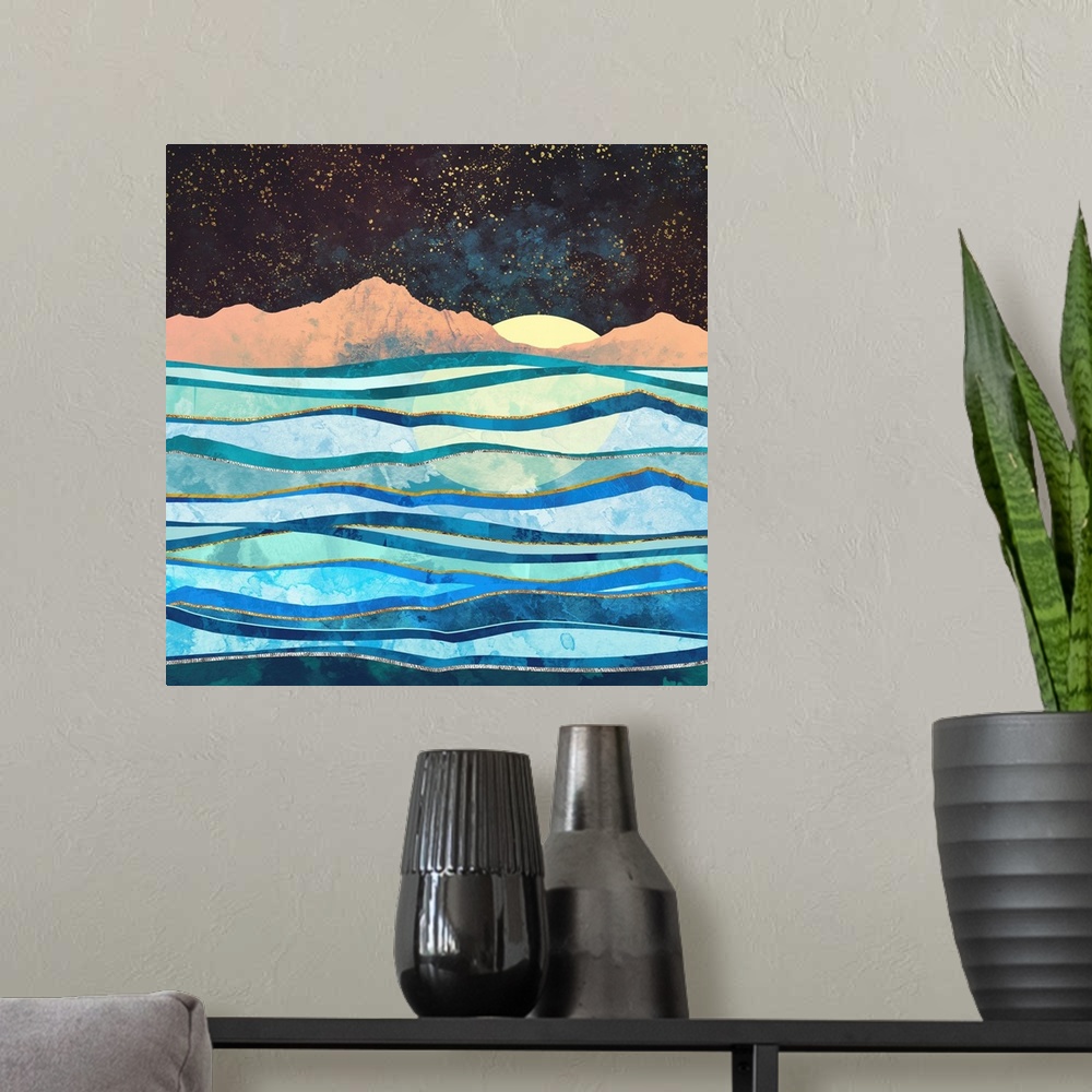 A modern room featuring Abstract depiction of a seascape with waves, mountains and stars.