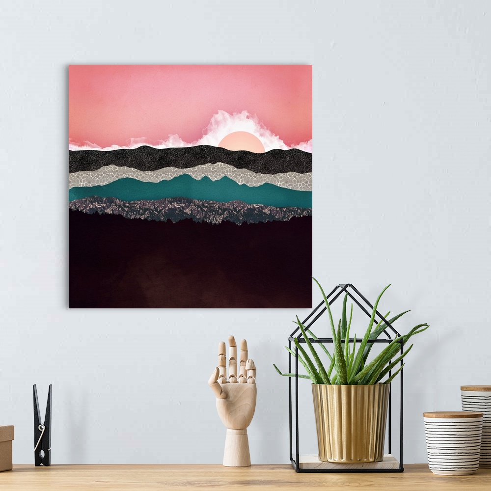 A bohemian room featuring Abstract depiction of a landscape with mountains, clouds, pink and teal.