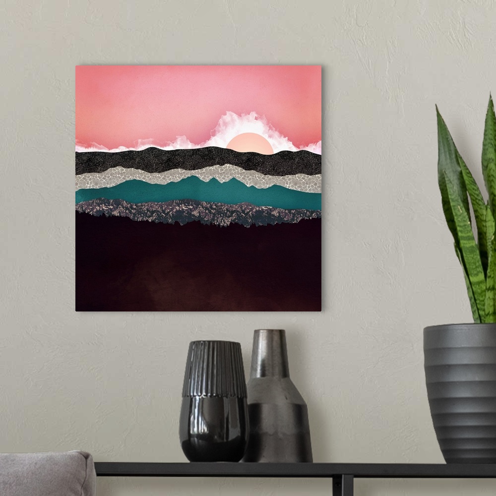 A modern room featuring Abstract depiction of a landscape with mountains, clouds, pink and teal.