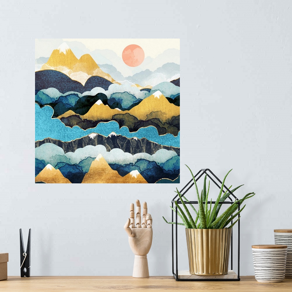 A bohemian room featuring Abstract depiction of a landscape with mountain peaks, clouds, blue, gold and pink.