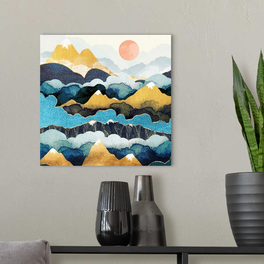 A modern room featuring Abstract depiction of a landscape with mountain peaks, clouds, blue, gold and pink.