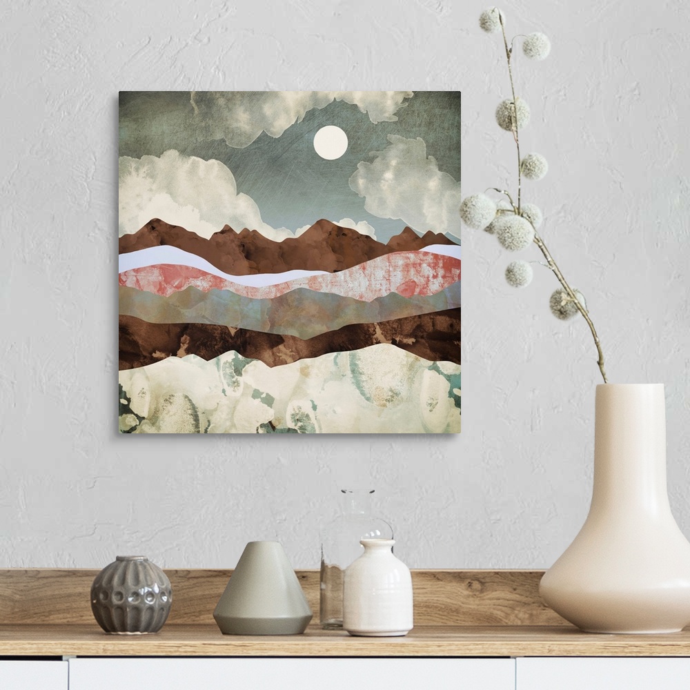 A farmhouse room featuring Abstract depiction of a landscape with mountains, clouds, brown and pink.