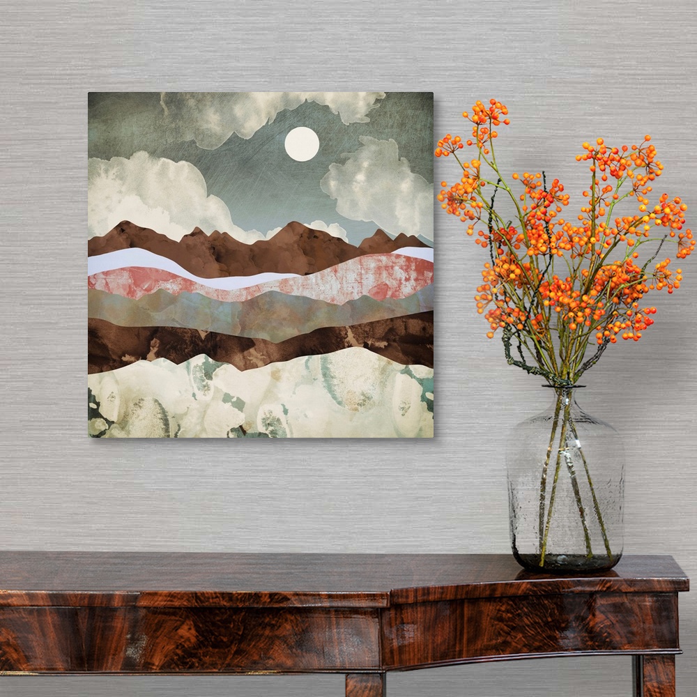 A traditional room featuring Abstract depiction of a landscape with mountains, clouds, brown and pink.