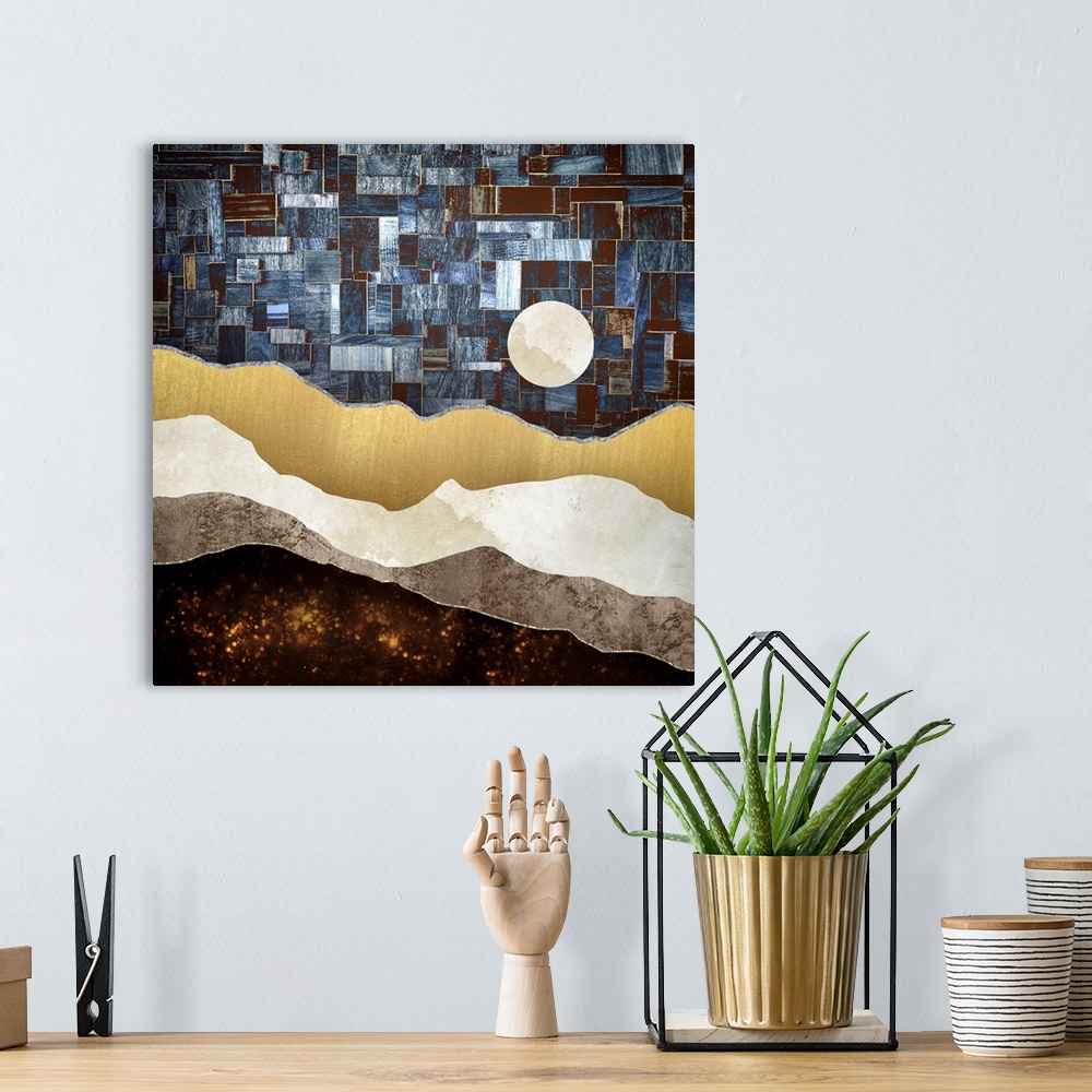 A bohemian room featuring Abstract depiction of a landscape with a geometric sky, blue and copper.
