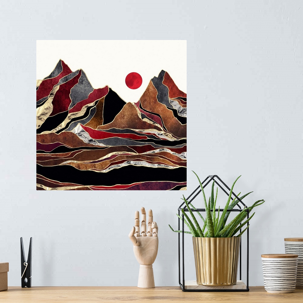 A bohemian room featuring Abstract depiction of a landscape with brown, copper, gold and crimson.