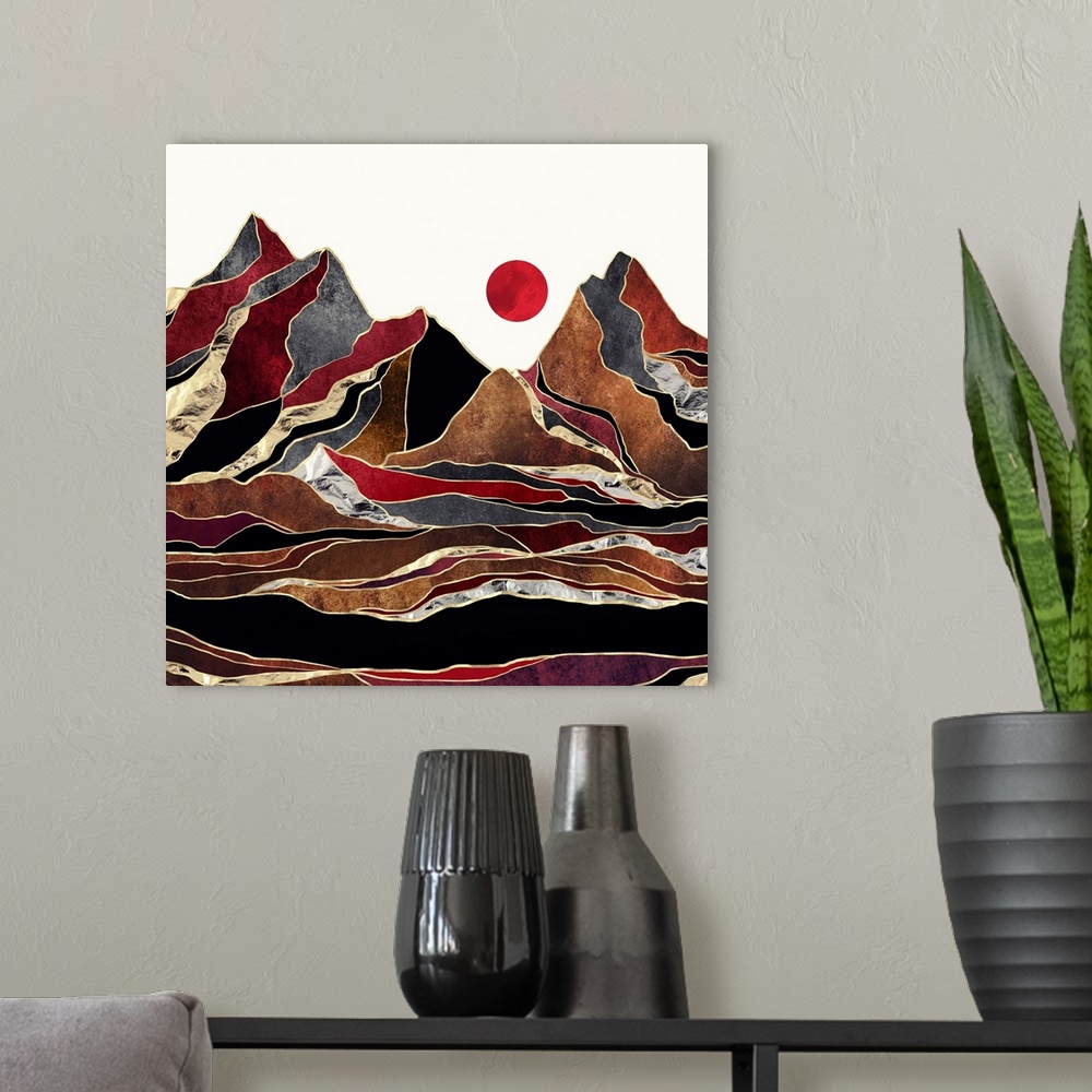 A modern room featuring Abstract depiction of a landscape with brown, copper, gold and crimson.