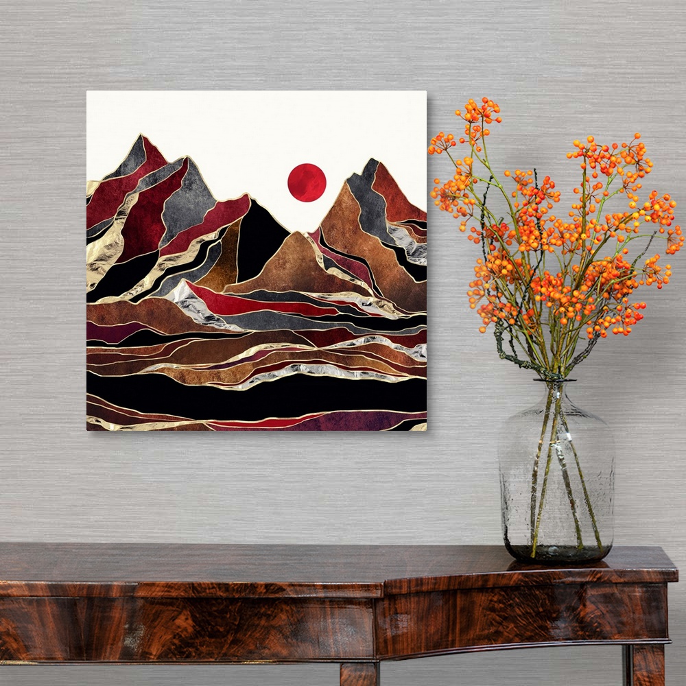 A traditional room featuring Abstract depiction of a landscape with brown, copper, gold and crimson.