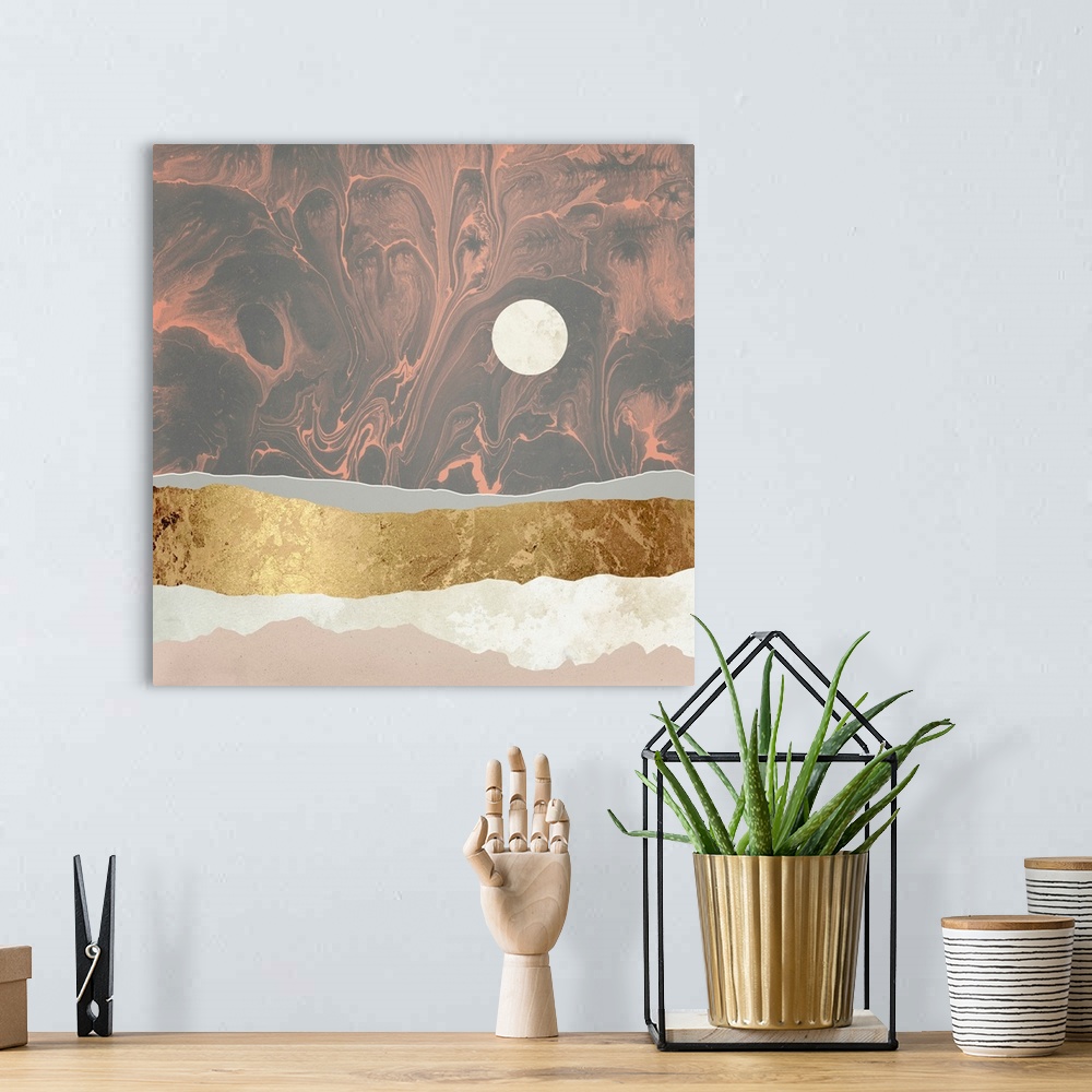 A bohemian room featuring Abstract depiction of a landscape with grey, gold, pink and yellow.
