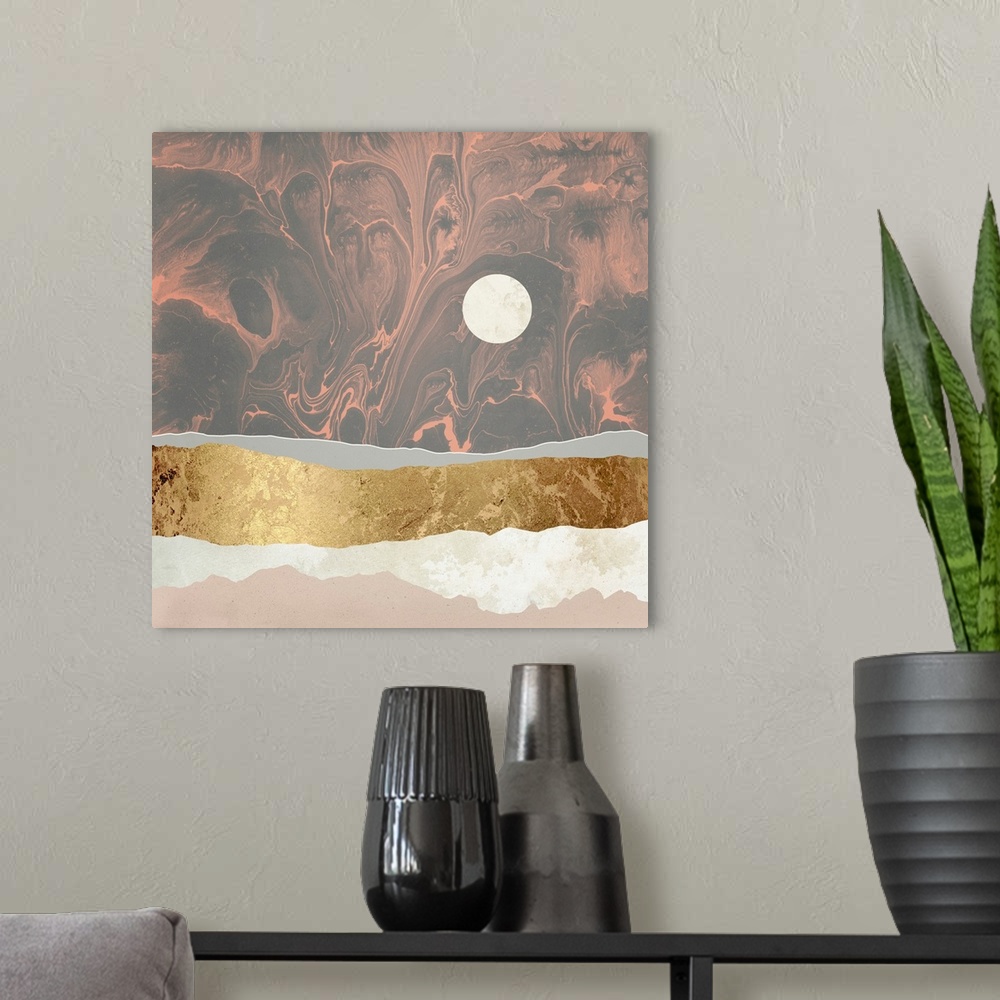 A modern room featuring Abstract depiction of a landscape with grey, gold, pink and yellow.