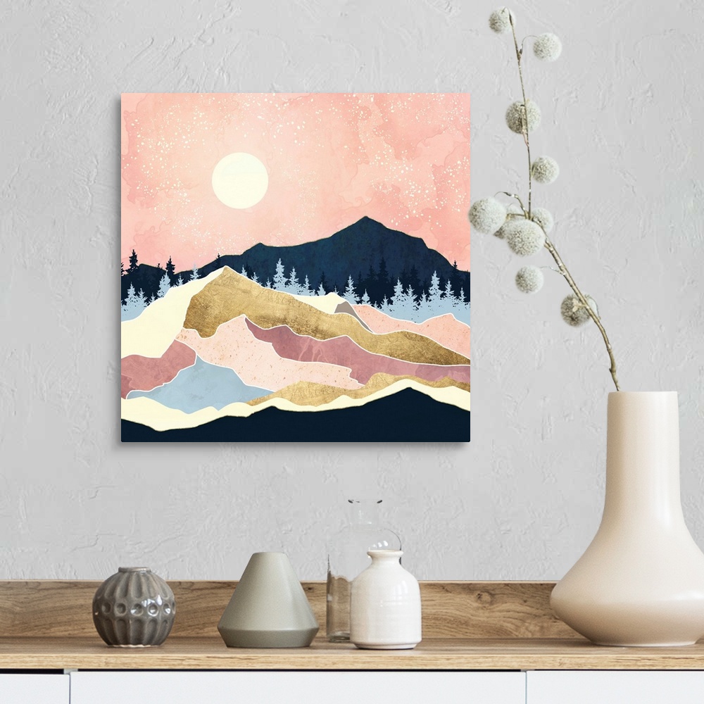 A farmhouse room featuring Abstract depiction of a landscape with mountains, gold, trees, blue, coral and pink.